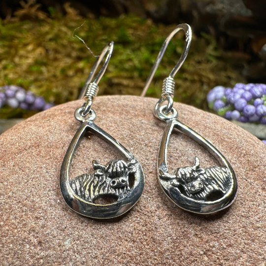 Galloway Scottish Highland Cow Earrings in Sterling Silver | Dangle Earrings | Wiccan Center
