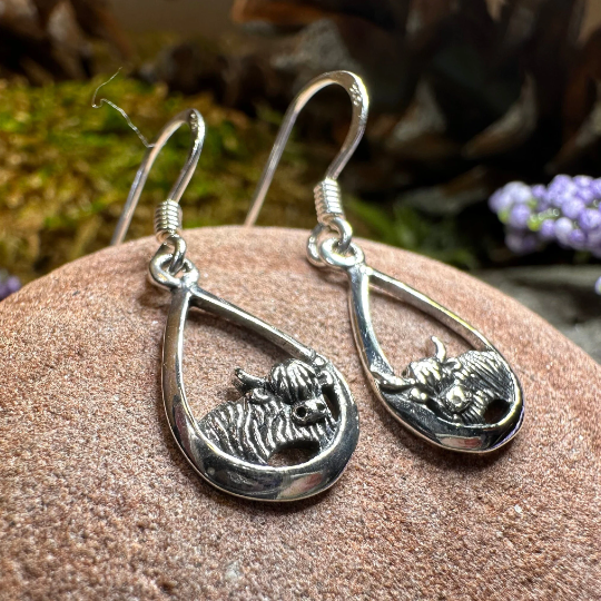 Galloway Scottish Highland Cow Earrings in Sterling Silver | Dangle Earrings | Wiccan Center