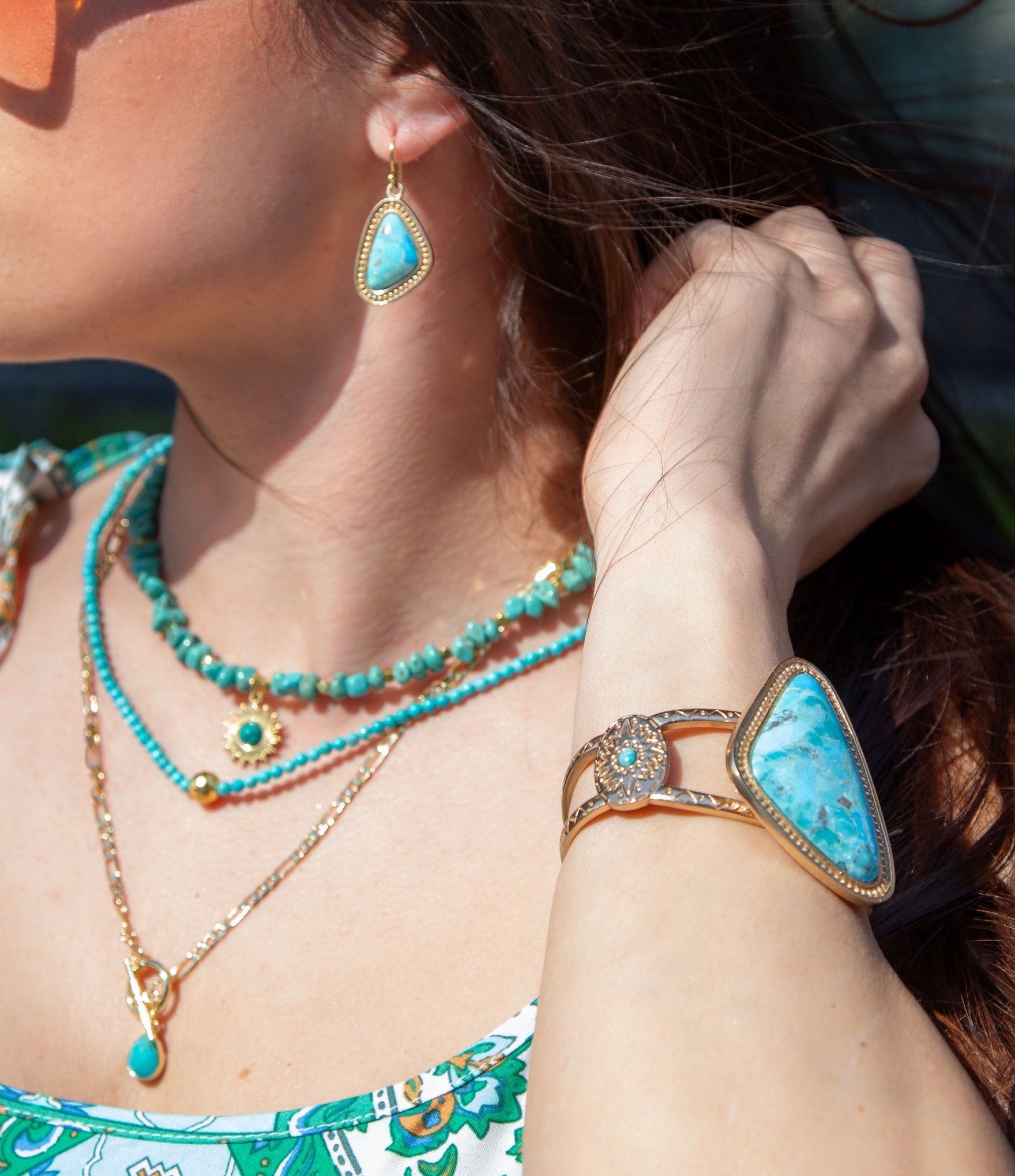 Tulum Blue Turquoise Golden Cuff Bracelet | Bracelets | Wiccan Center