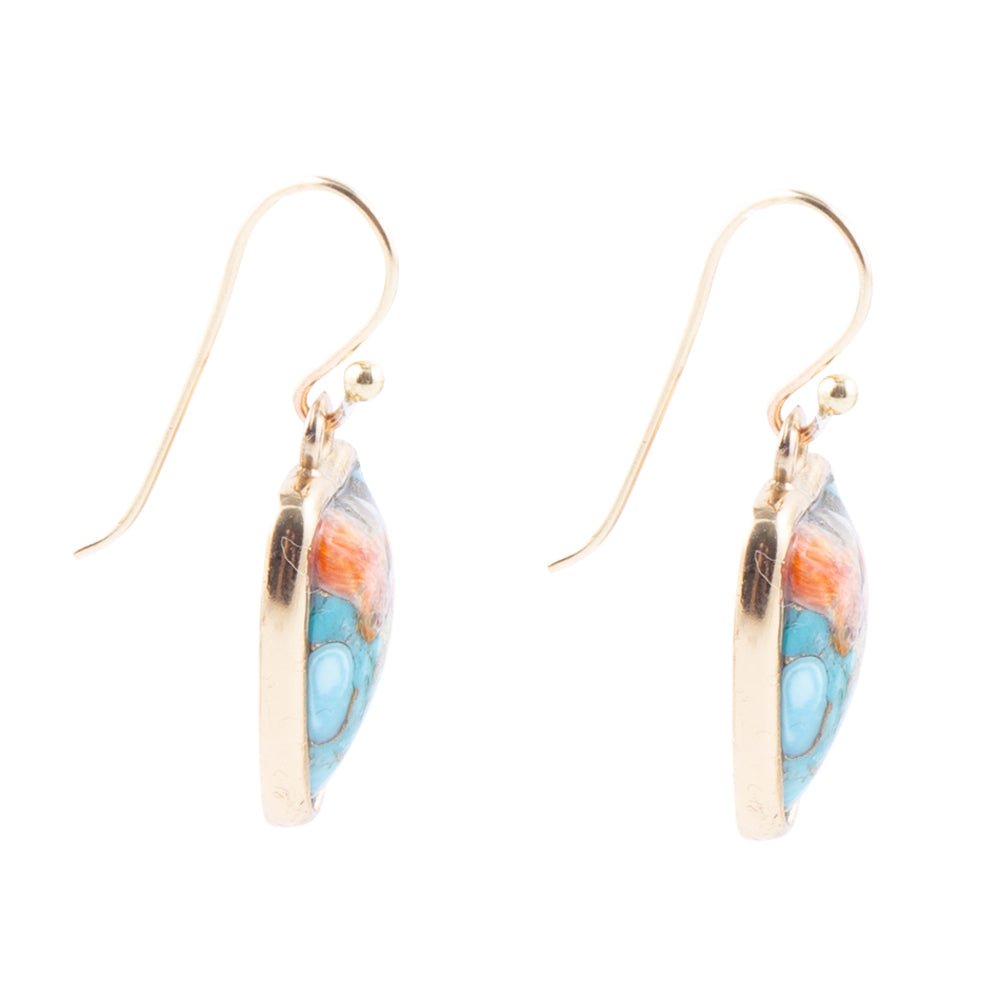 Blue Turquoise and Orange Spiny Oyster Matrix Golden Drop Earrings | Earrings | Wiccan Center