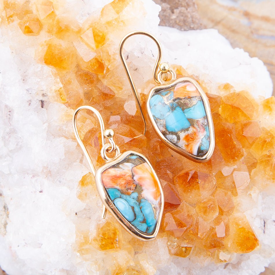 Blue Turquoise and Orange Spiny Oyster Matrix Golden Drop Earrings | Earrings | Wiccan Center