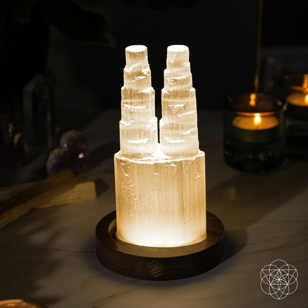Two-Tower Selenite Lamp – Deep Energy Cleanse & Reset | Night Light | Wiccan Center