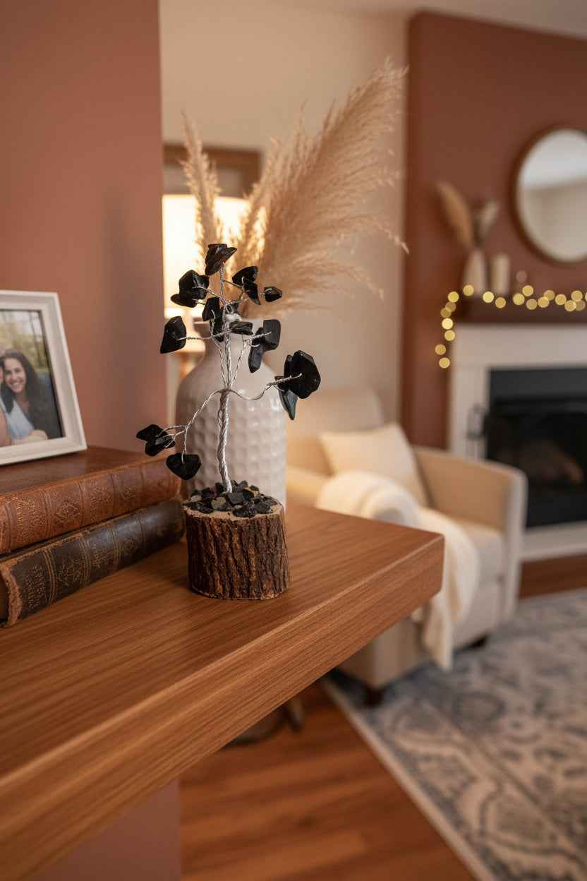 Black Tourmaline Tree Gemstone Chip on Wood Base | | Wiccan Center