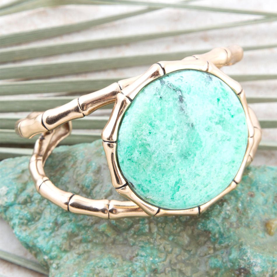 Vibrant Green Chrysoprase Golden Bamboo Statement Cuff Bracelet | Bracelets | Wiccan Center
