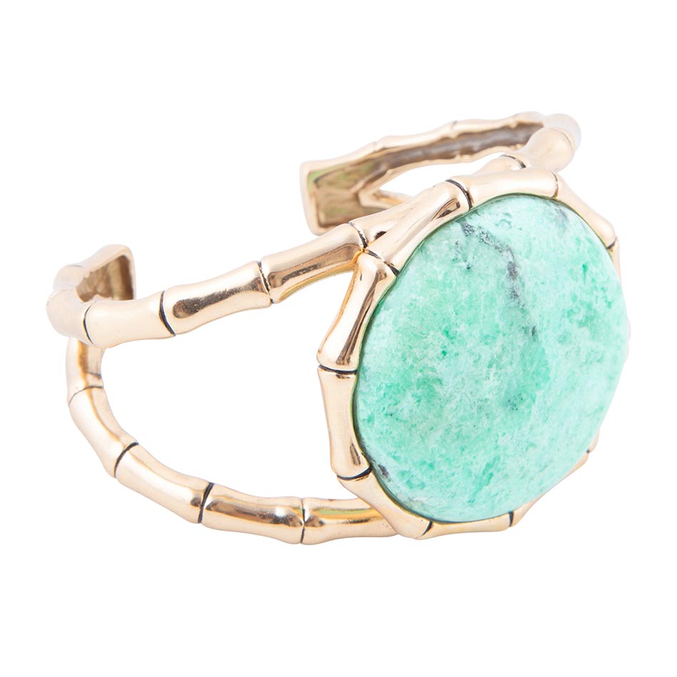 Vibrant Green Chrysoprase Golden Bamboo Statement Cuff Bracelet | Bracelets | Wiccan Center