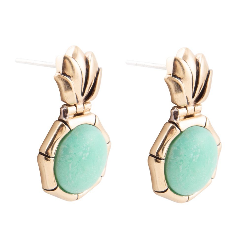 Vibrant Green Chrysoprase Golden Lotus Post Earrings | Earrings | Wiccan Center