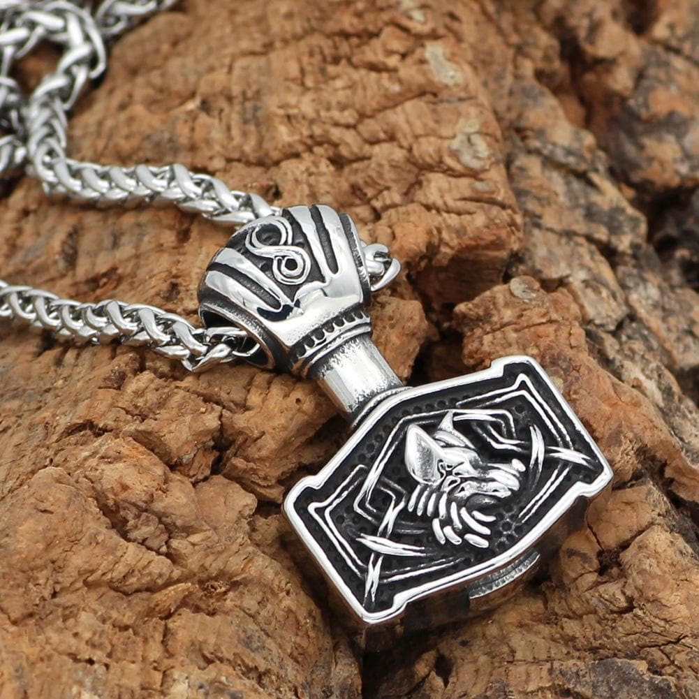 Vikings Wolf Mjolnir Stainless Steel Necklace | Pendants & Necklaces | Wiccan Center