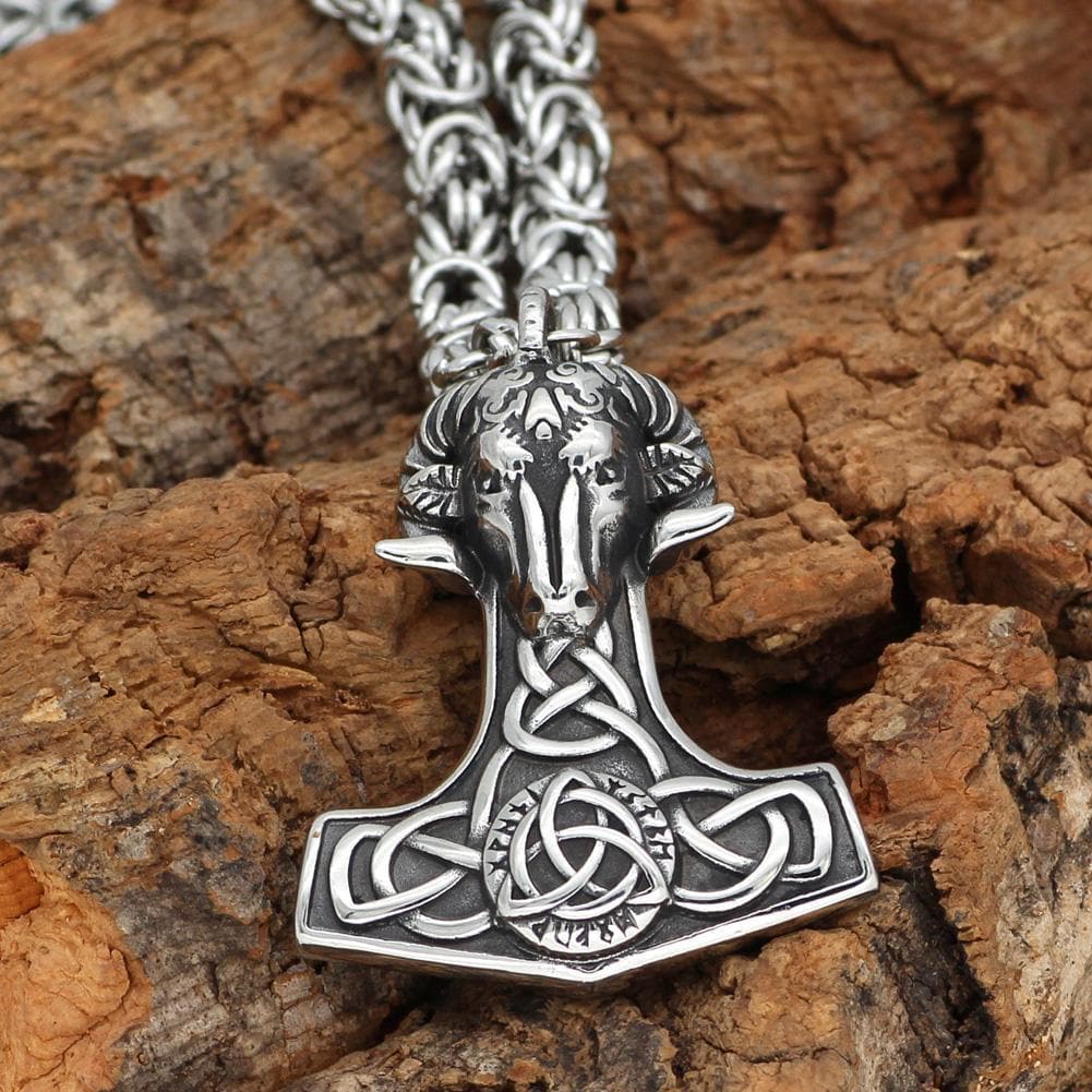 Vikings Thor's Goat Mjolnir Stainless Steel King Chain Necklace | Pendants & Necklaces | Wiccan Center