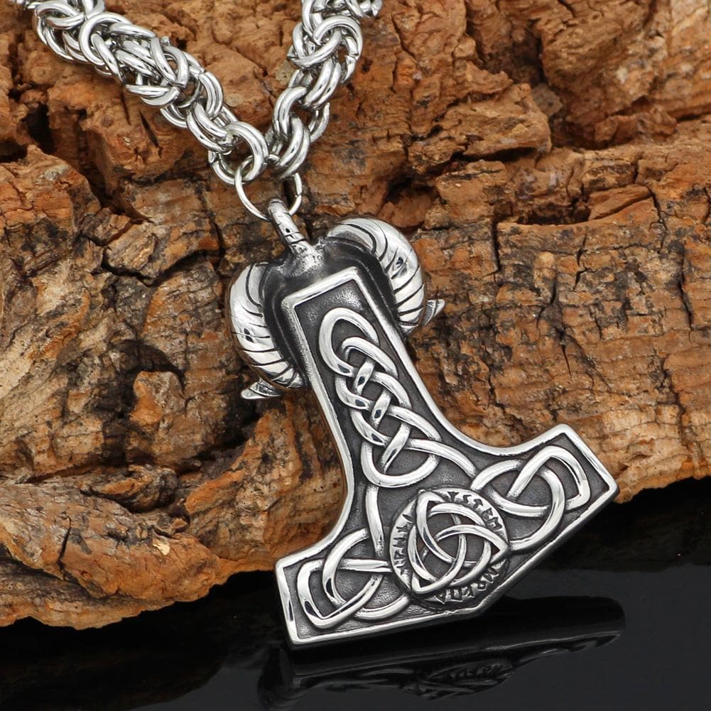 Vikings Thor's Goat Mjolnir Stainless Steel King Chain Necklace | Pendants & Necklaces | Wiccan Center
