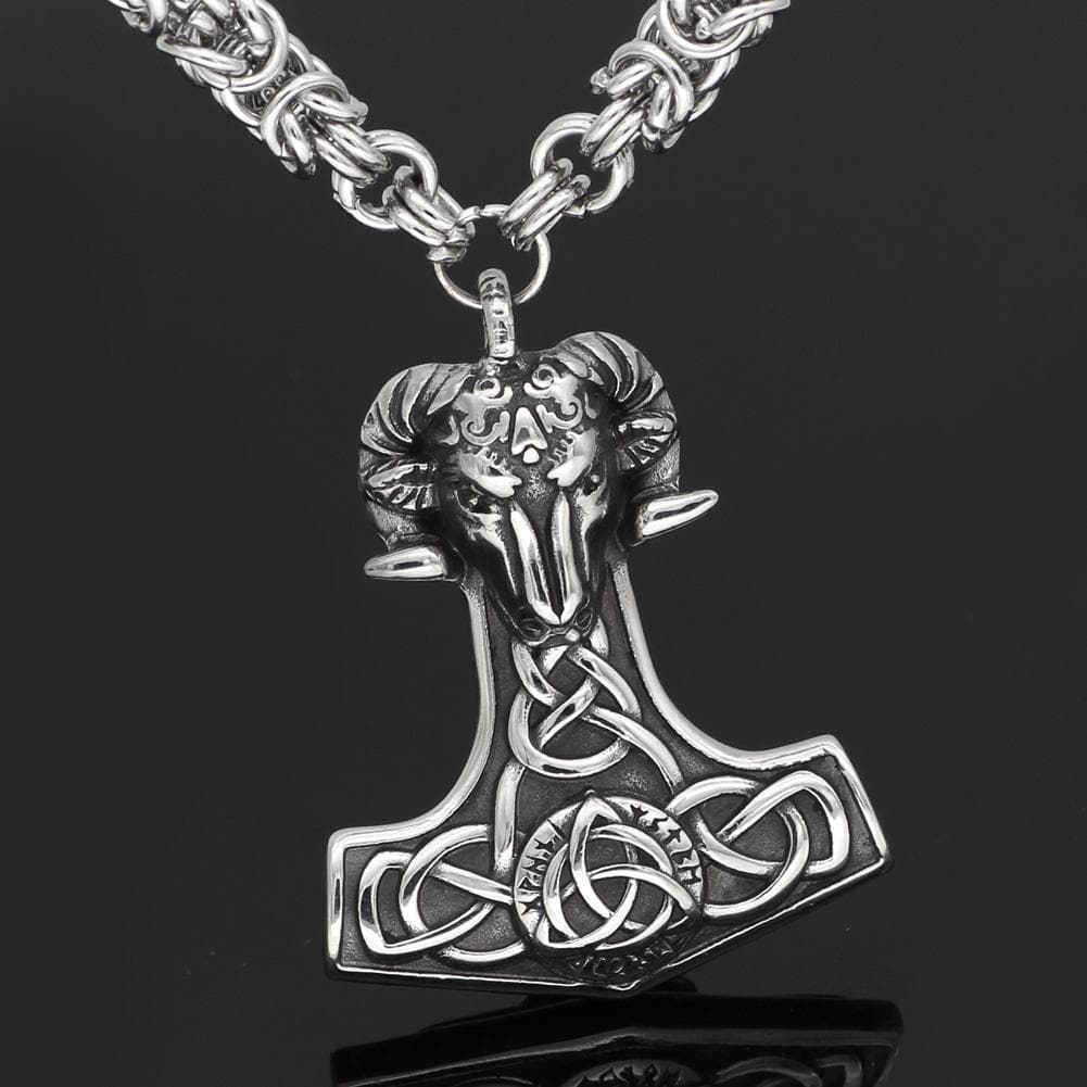 Vikings Thor's Goat Mjolnir Stainless Steel King Chain Necklace | Pendants & Necklaces | Wiccan Center