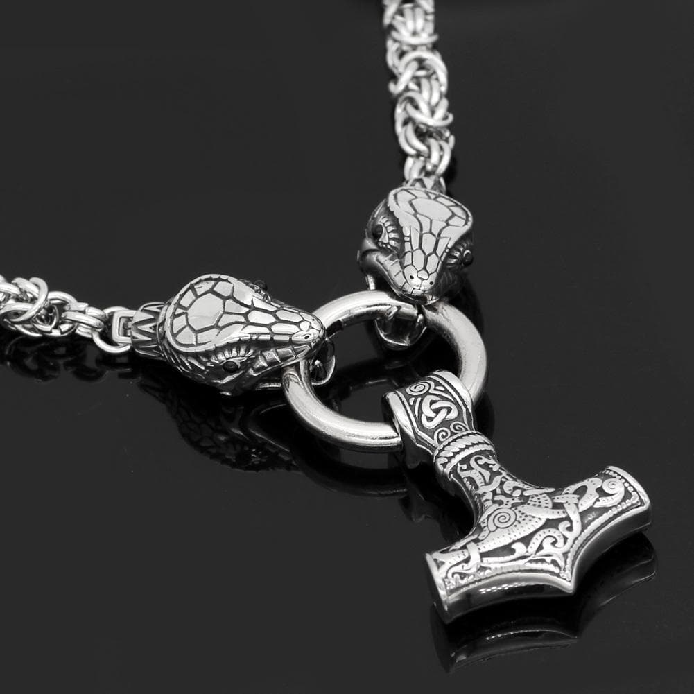 Vikings Jörmungandr Mjolnir Stainless Steel Necklace | Pendants & Necklaces | Wiccan Center