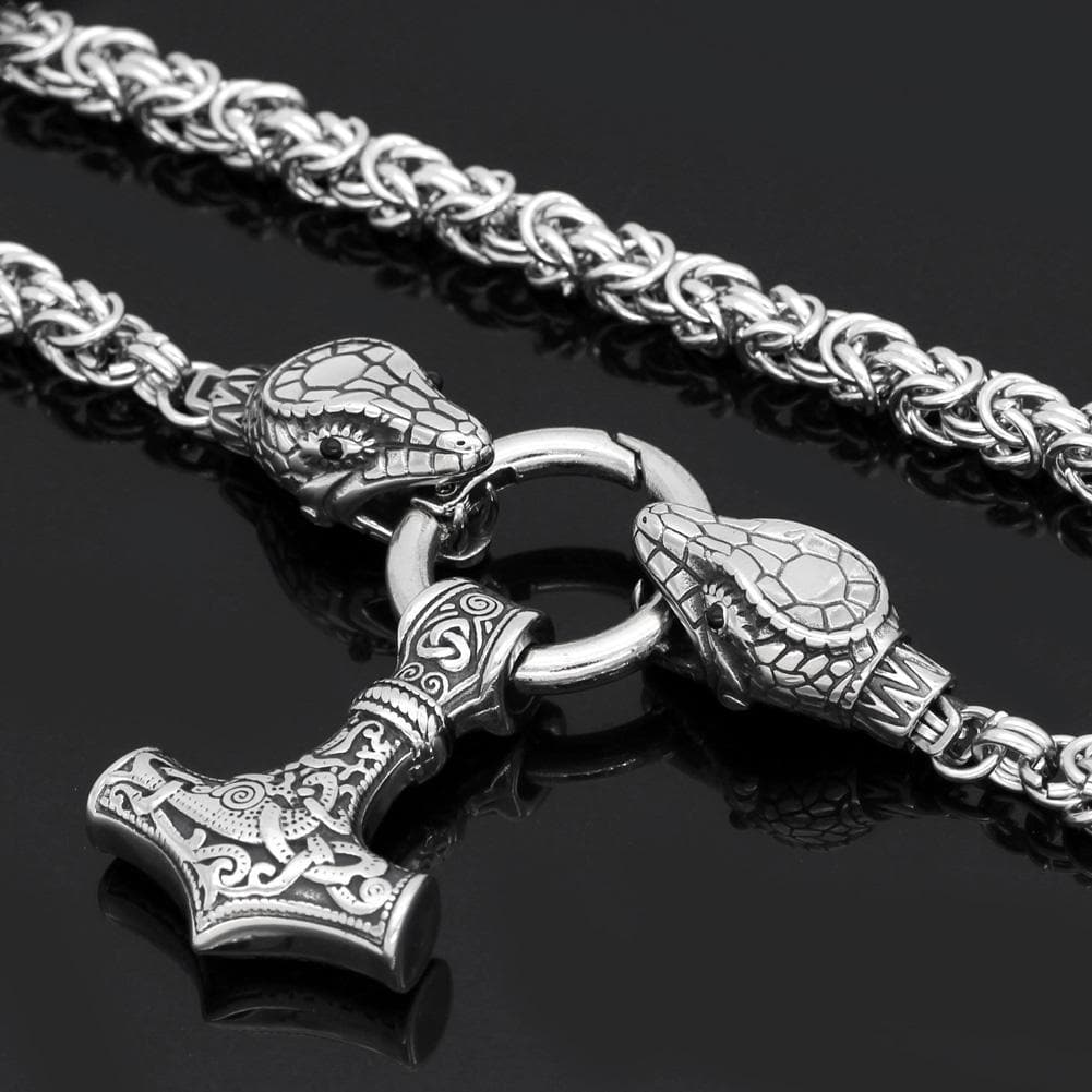 Vikings Jörmungandr Mjolnir Stainless Steel Necklace | Pendants & Necklaces | Wiccan Center