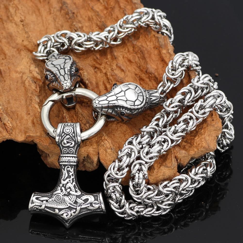 Vikings Jörmungandr Mjolnir Stainless Steel Necklace | Pendants & Necklaces | Wiccan Center