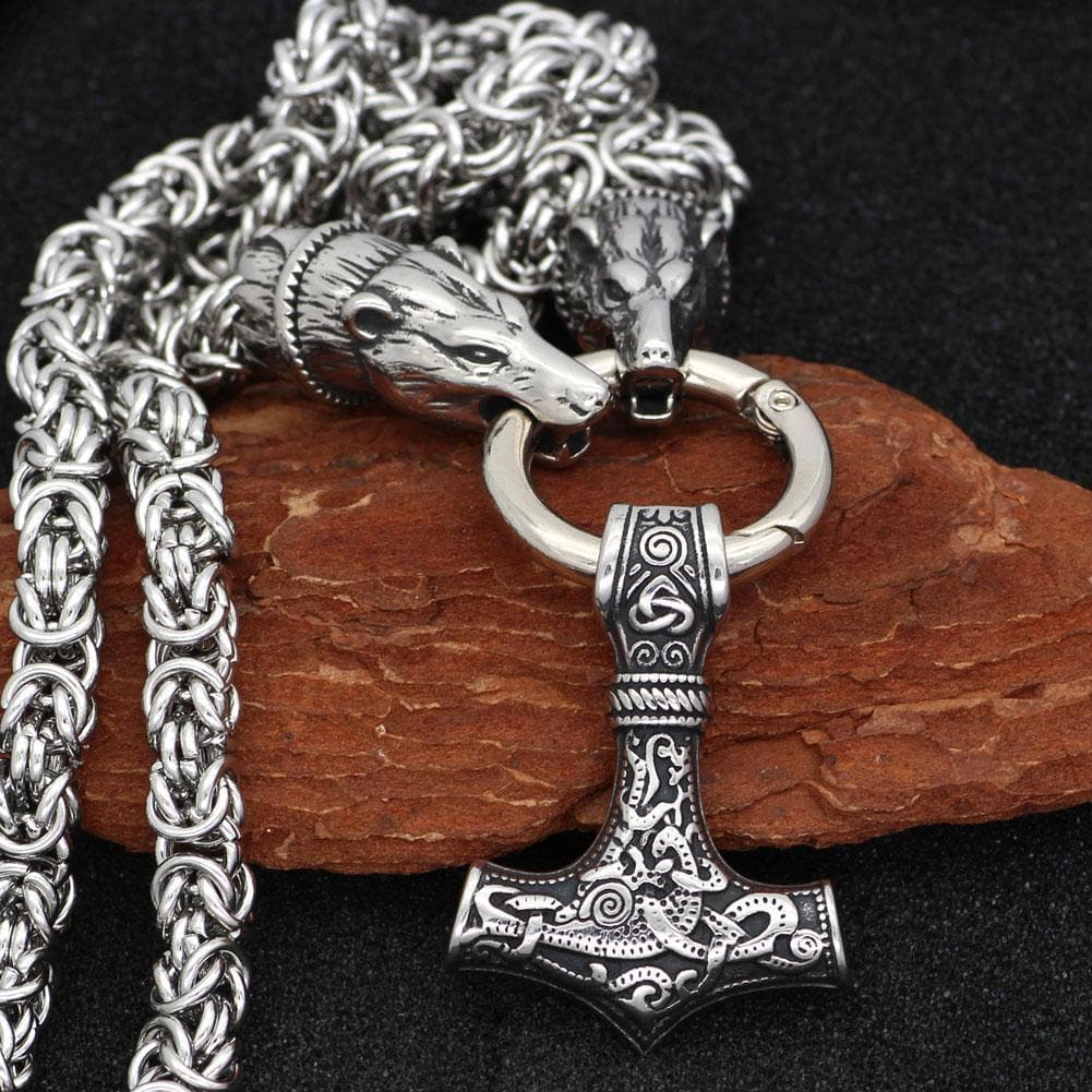 Vikings Bear Head Mjolnir Stainless Steel Necklace | Pendants & Necklaces | Wiccan Center