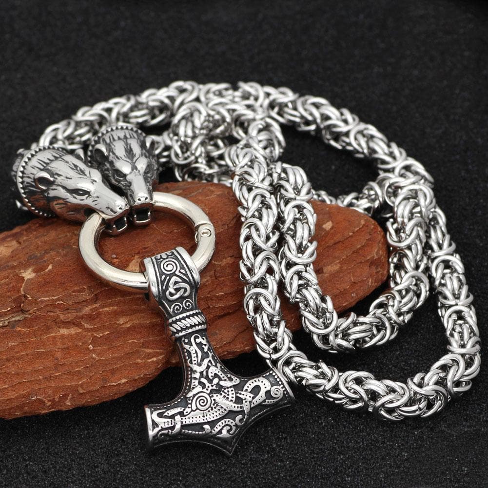 Vikings Bear Head Mjolnir Stainless Steel Necklace | Pendants & Necklaces | Wiccan Center