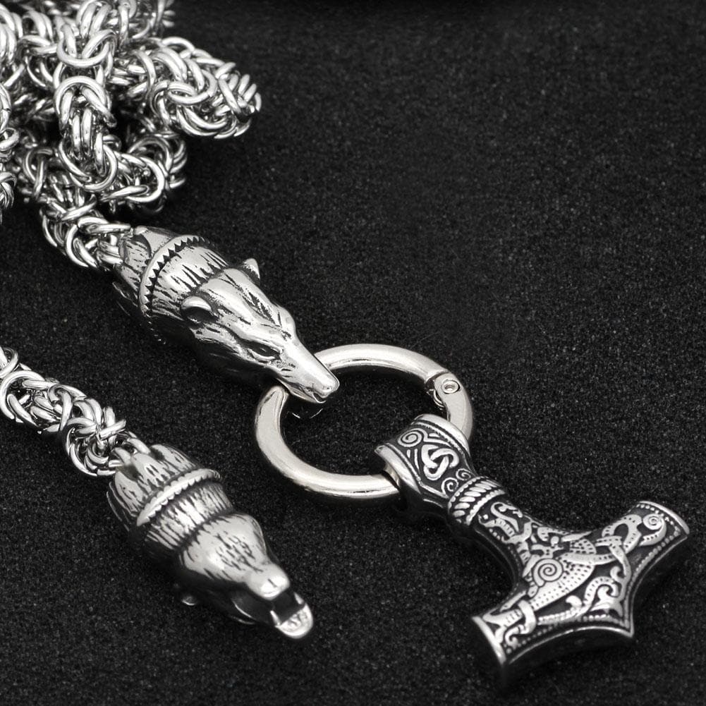 Vikings Bear Head Mjolnir Stainless Steel Necklace | Pendants & Necklaces | Wiccan Center