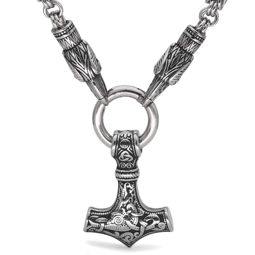 Vikings Mjolnir and Ravens Stainless Steel Necklace | Pendants & Necklaces | Wiccan Center