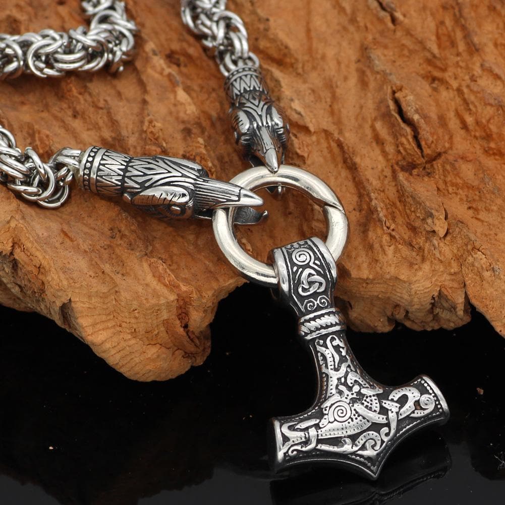 Vikings Mjolnir and Ravens Stainless Steel Necklace | Pendants & Necklaces | Wiccan Center