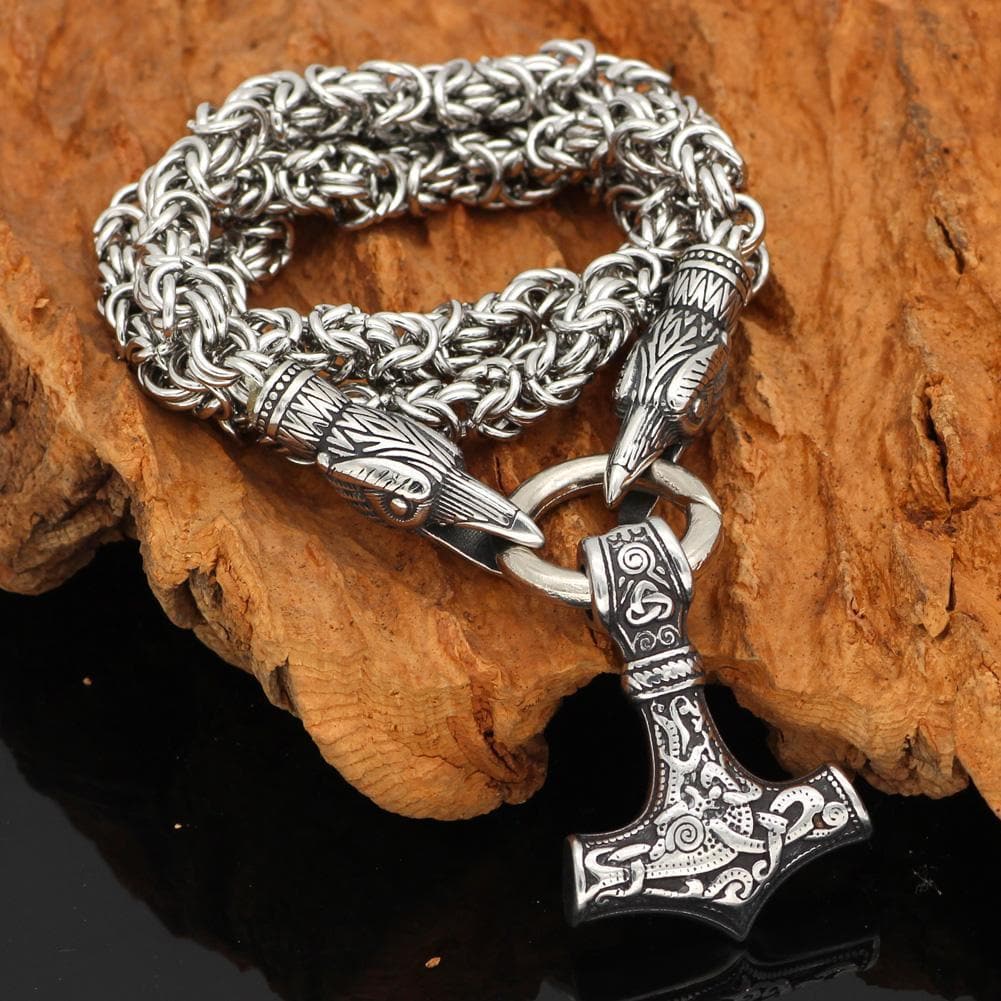 Vikings Mjolnir and Ravens Stainless Steel Necklace | Pendants & Necklaces | Wiccan Center