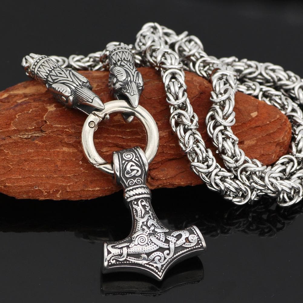 Vikings Mjolnir and Ravens Stainless Steel Necklace | Pendants & Necklaces | Wiccan Center