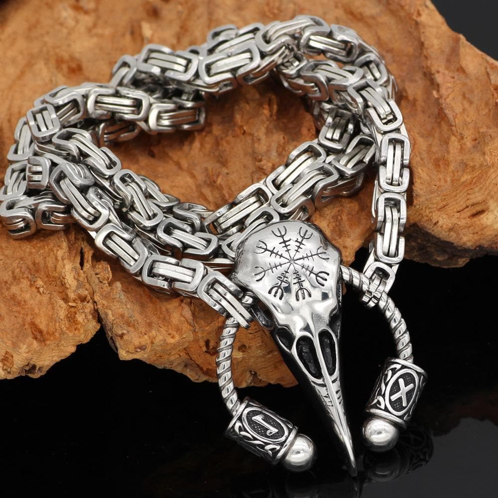 Vikings Runic Raven Skull King Chain Stainless Steel Necklace | Pendants & Necklaces | Wiccan Center