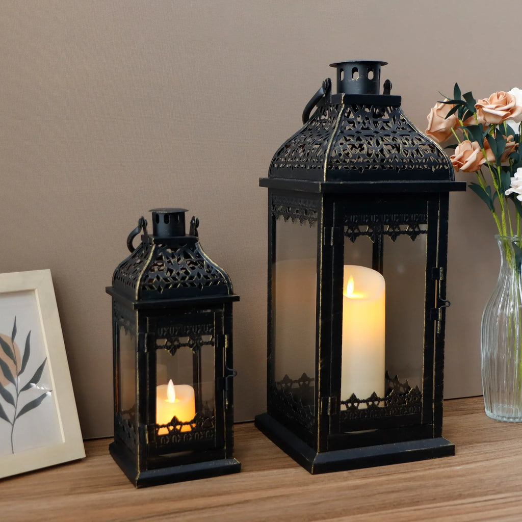 Set of 2 13''&19.5''H Candle Lanterns (Black Gold Brush) | Decorative Candle Lantern | Wiccan Center