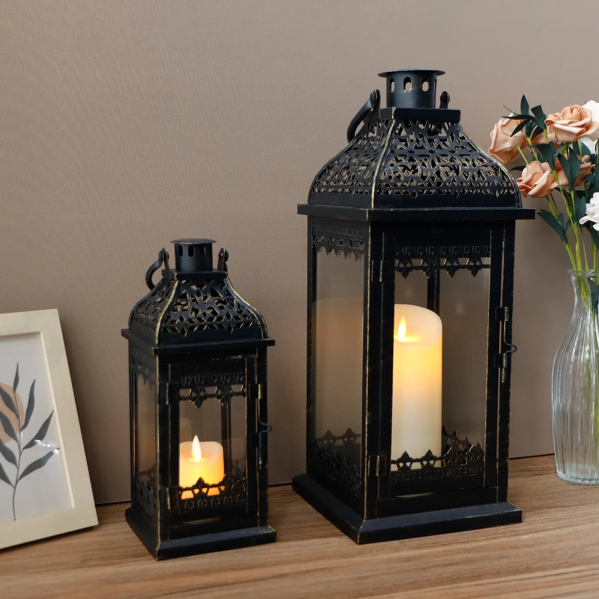 Set of 2 13''&19.5''H Candle Lanterns (Black Gold Brush) | Decorative Candle Lantern | Wiccan Center