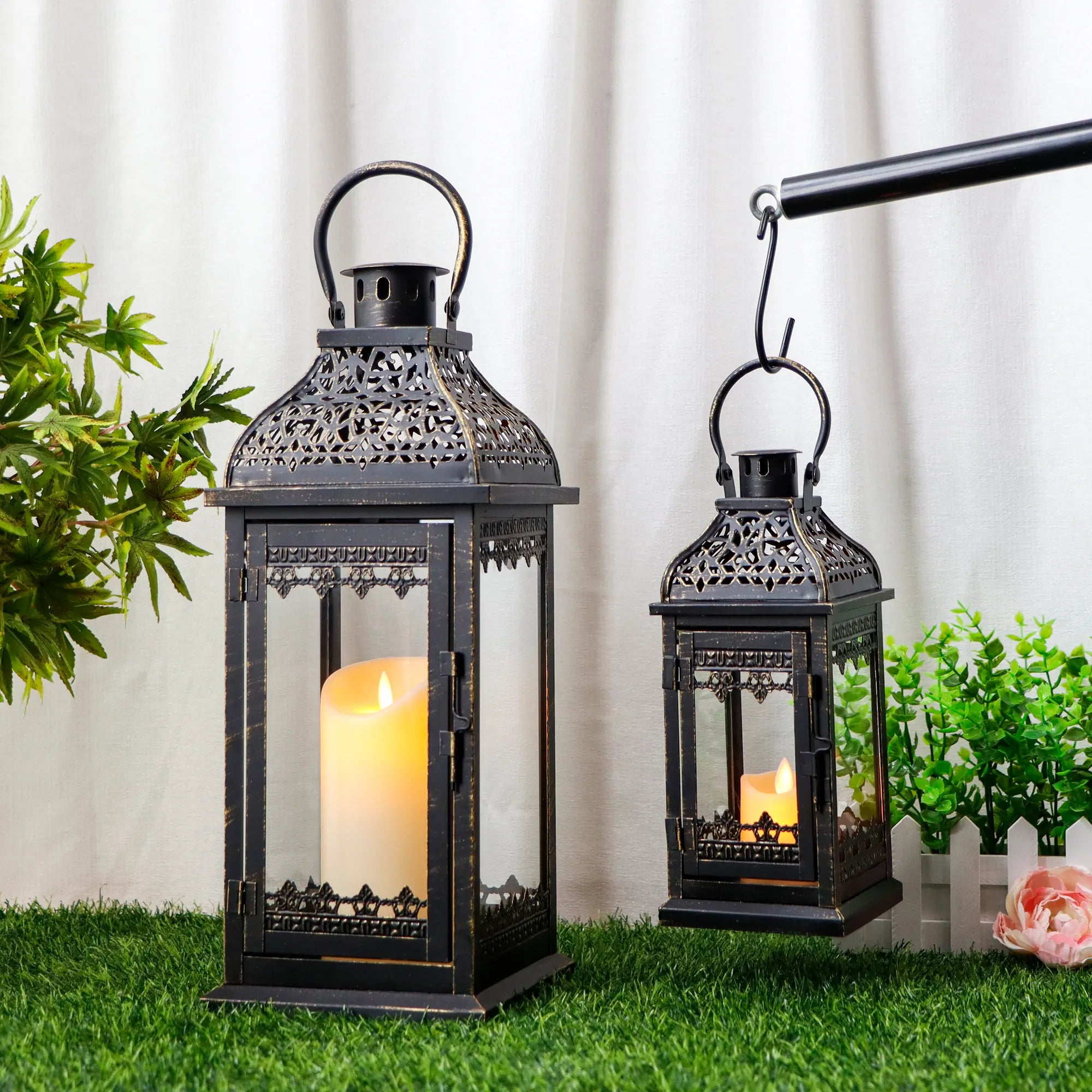 Set of 2 13''&19.5''H Candle Lanterns (Black Gold Brush) | Decorative Candle Lantern | Wiccan Center