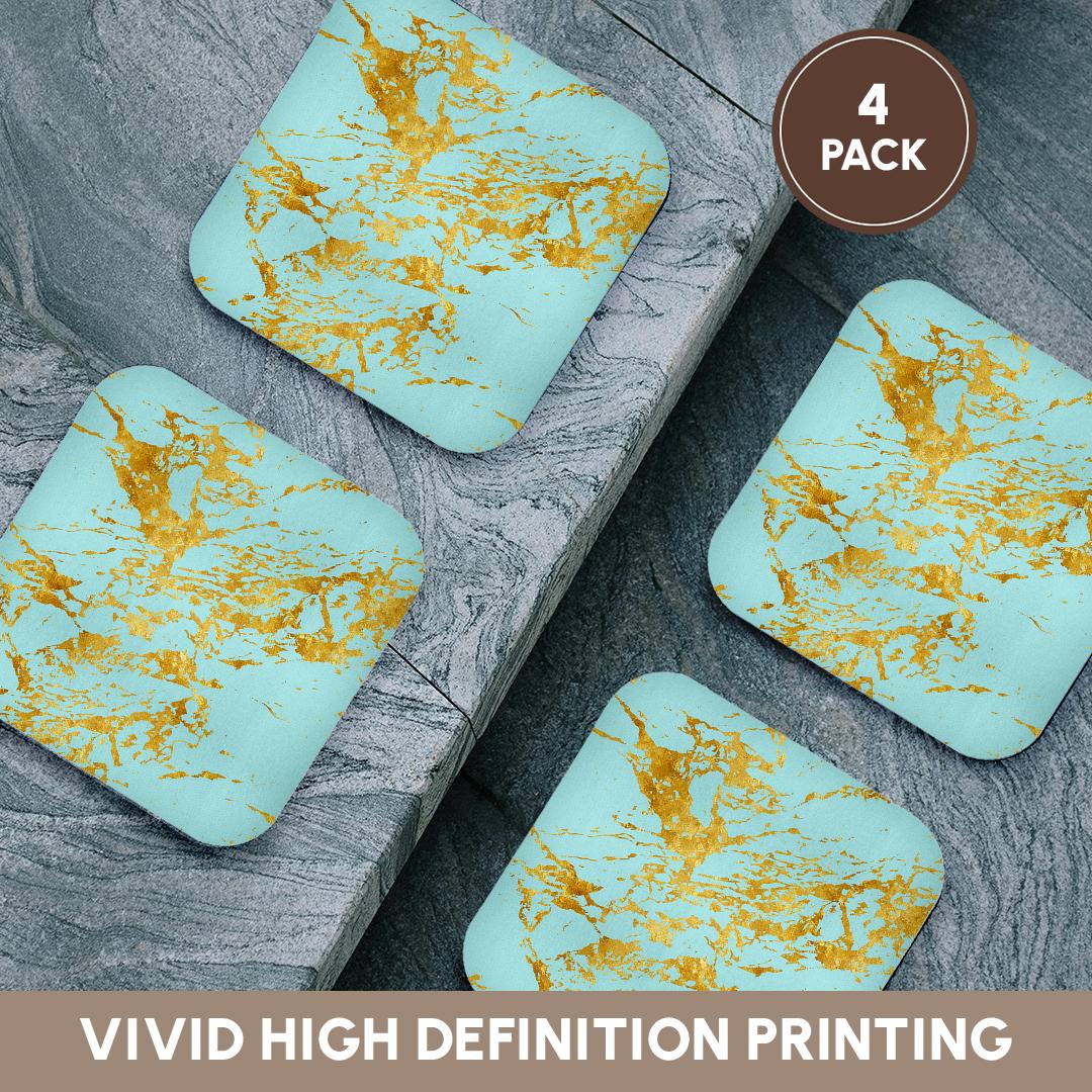 3dRose Uta Naumann Faux Glitter Pattern - Art Print of Chic Trendy Gold Glitter Veins on Teal Marble Agate Quartz - Coasters