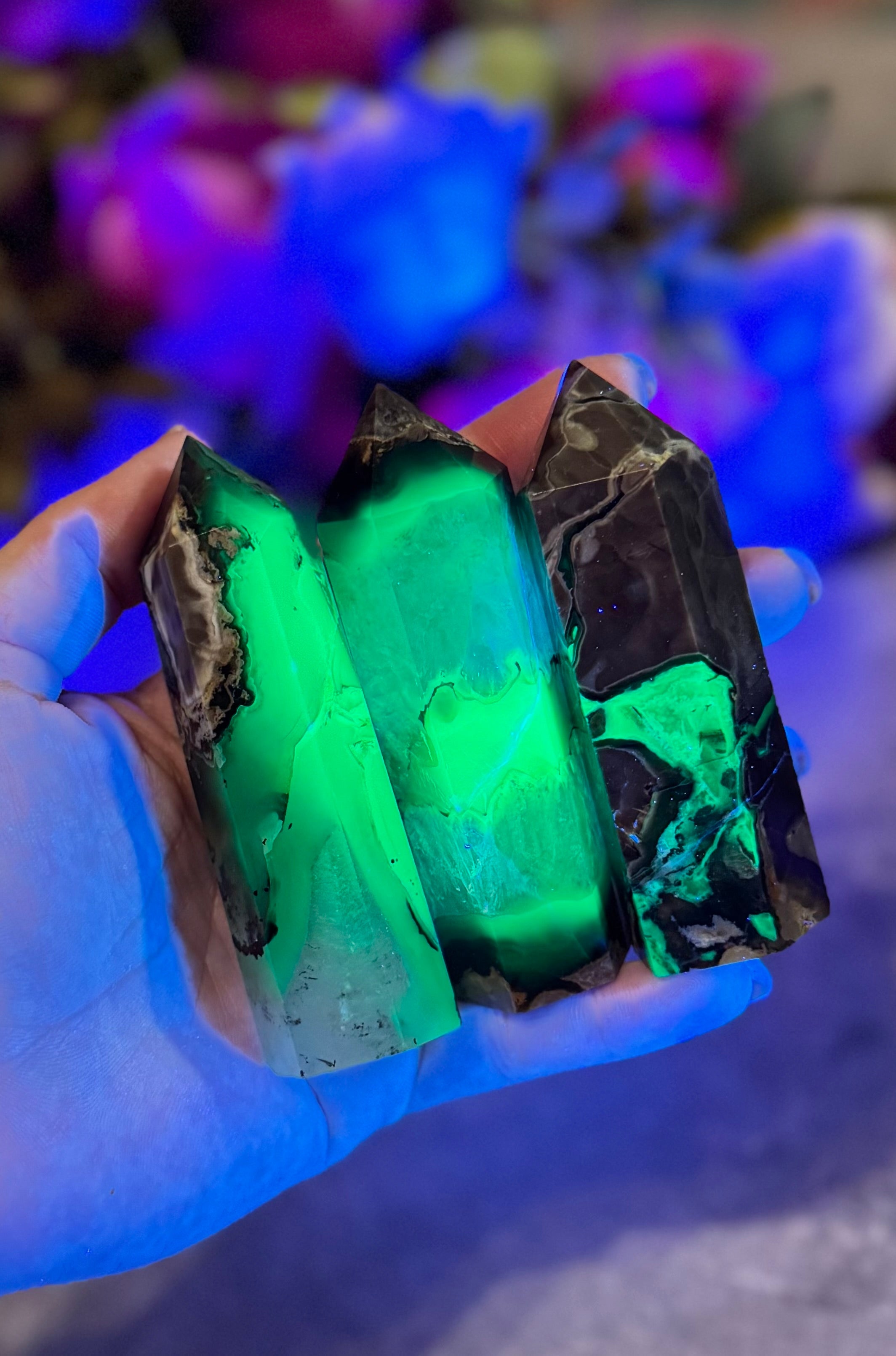 Volcano Agate Towers, UV Fluorescent Green Crystals | CRYSTALS | Wiccan Center