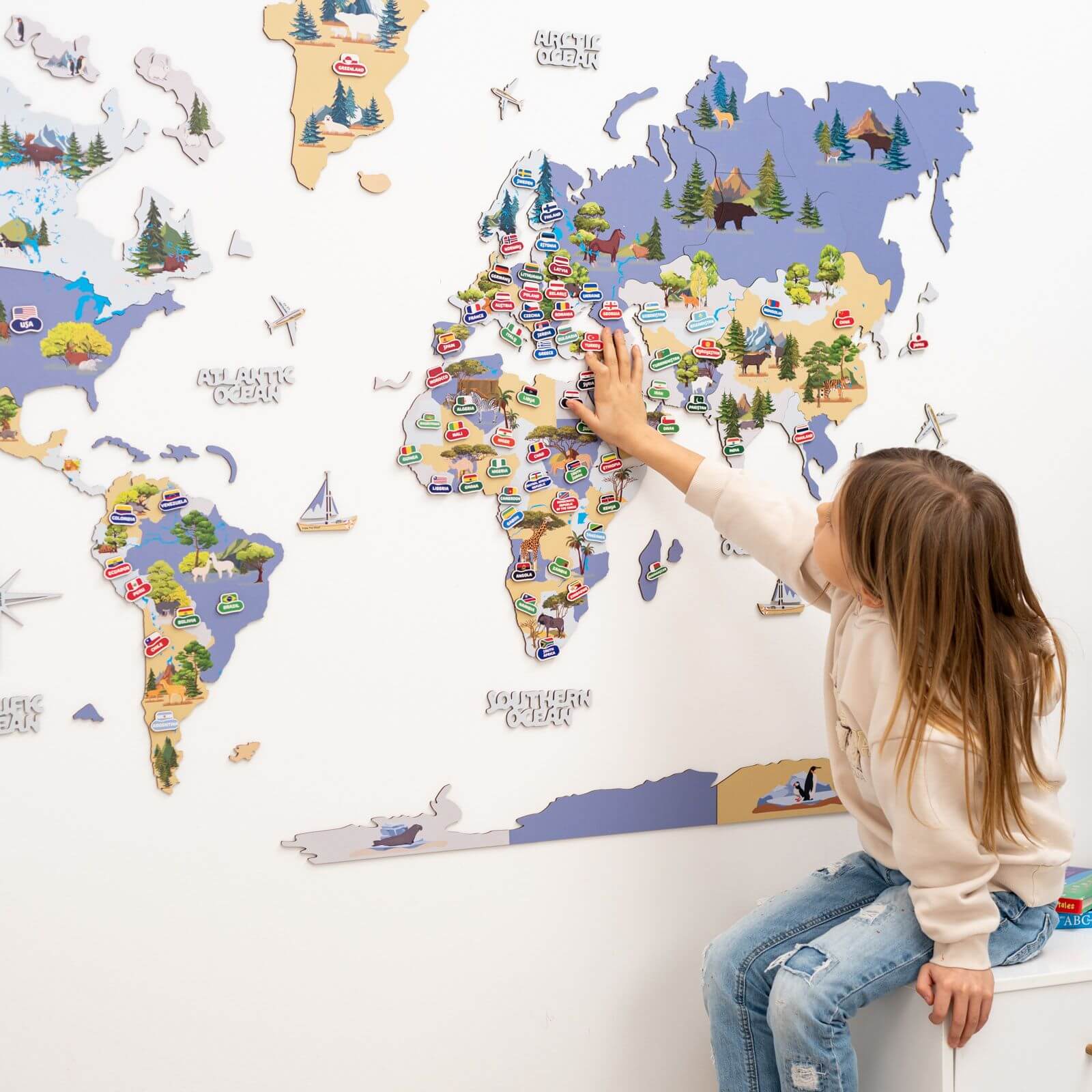 Animal World Map Indigo