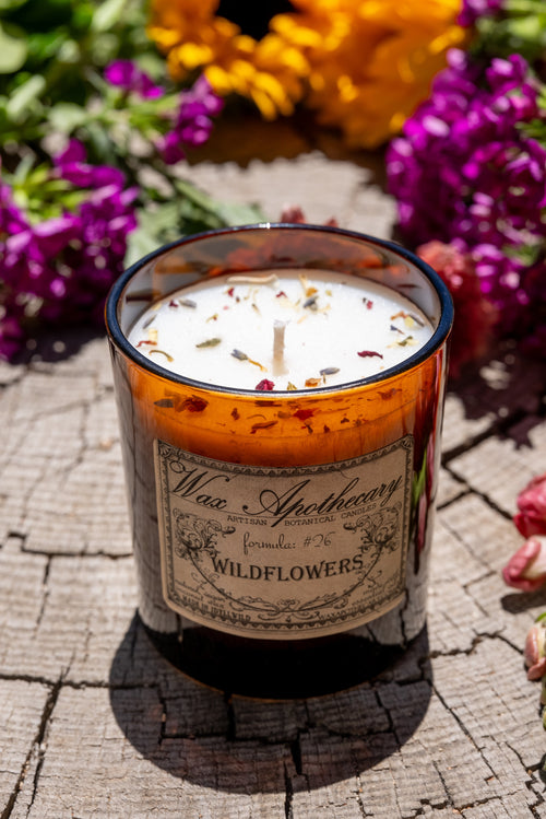 9 oz Wildflowers Artisan Amber Glass Candle | Candle | Wiccan Center