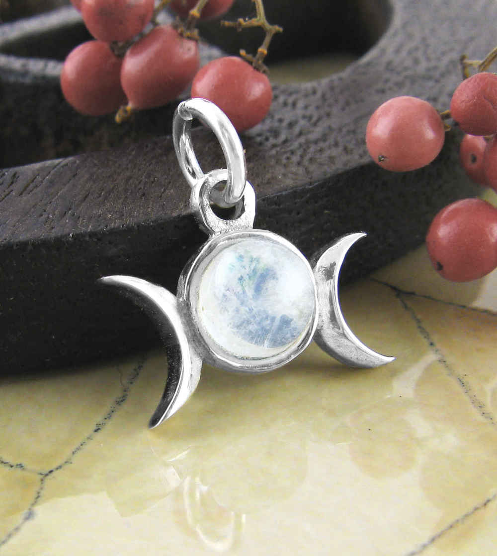 Triple Moon Charm Pendant w/ Gemstone, Handmade - 925 Sterling Silver | Handmade > Silver w/ gemstone | Wiccan Center