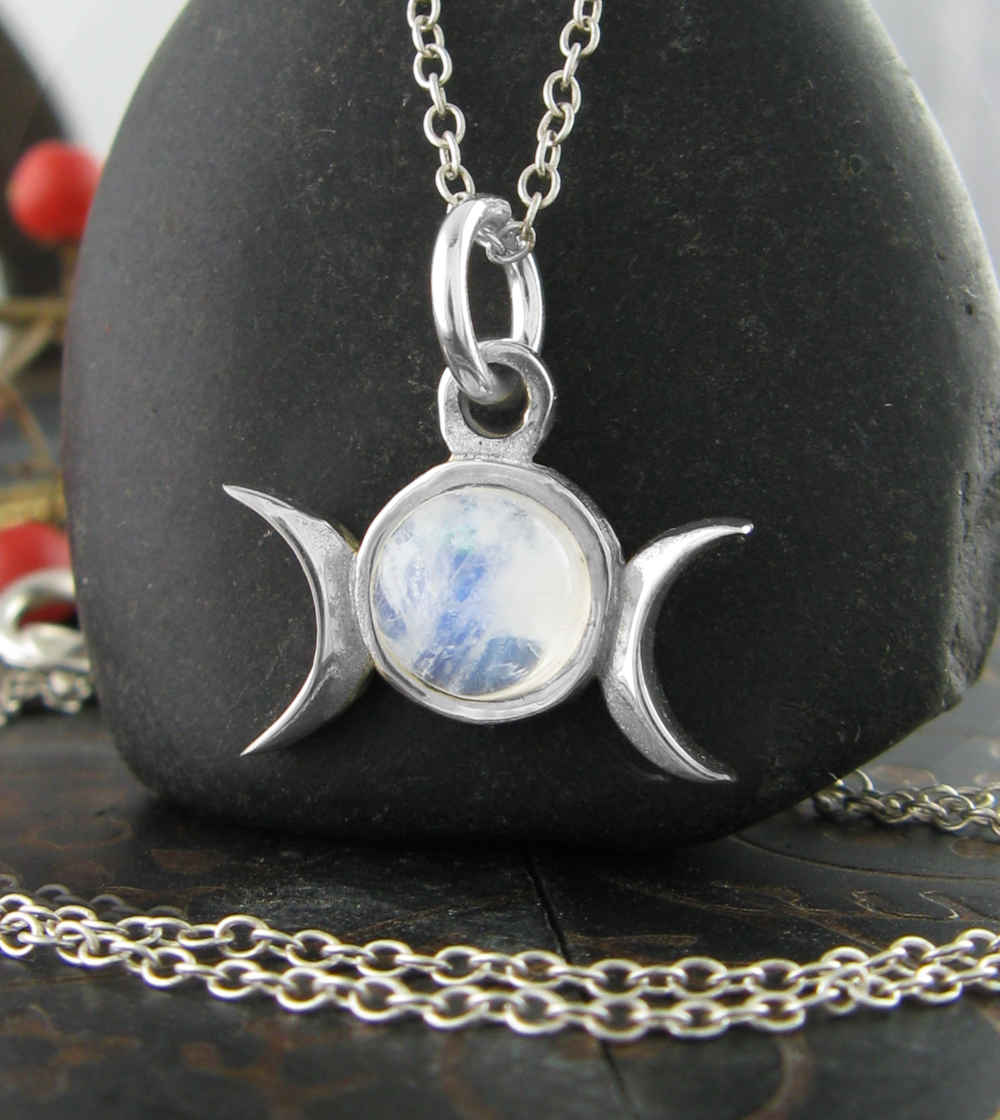 Triple Moon Charm Pendant w/ Gemstone, Handmade - 925 Sterling Silver | Handmade > Silver w/ gemstone | Wiccan Center