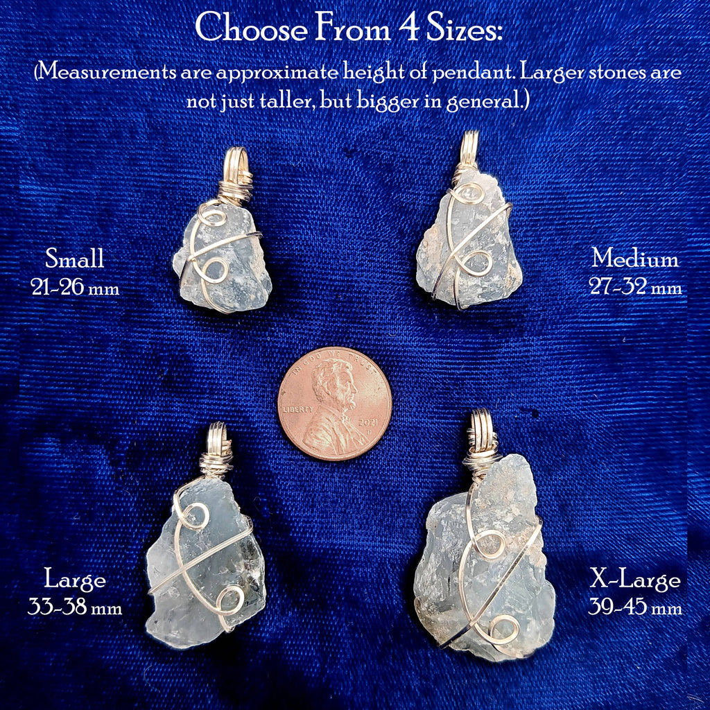 Raw Blue Celestite Crystal Pendant, Silver Wire-Wrapped, Handmade | Handmade > Wire-wrapped gemstones | Wiccan Center