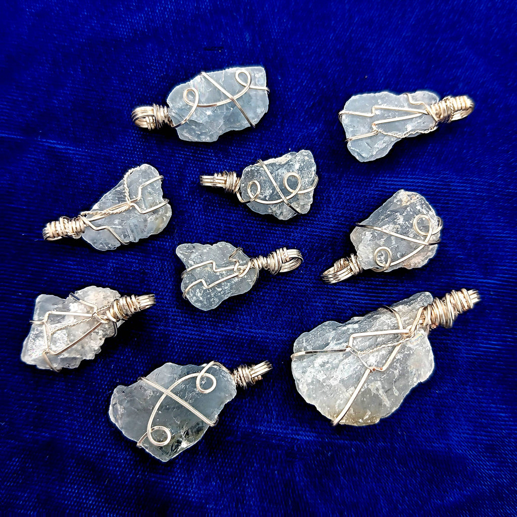 Raw Blue Celestite Crystal Pendant, Silver Wire-Wrapped, Handmade | Handmade > Wire-wrapped gemstones | Wiccan Center