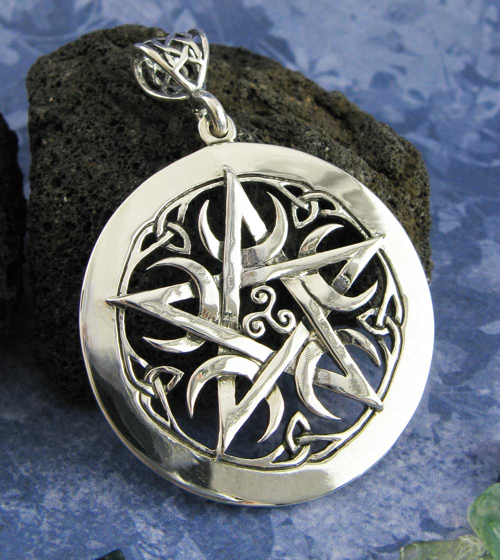 Large 1.5" Five Crescent Moons Celtic Pentacle Pendant, Engravable, Handmade | Handmade > Silver | Wiccan Center