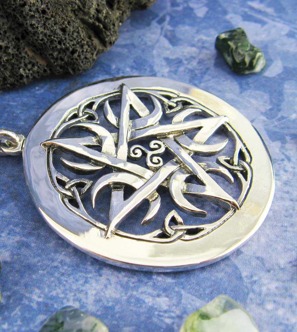 Large 1.5" Five Crescent Moons Celtic Pentacle Pendant, Engravable, Handmade | Handmade > Silver | Wiccan Center