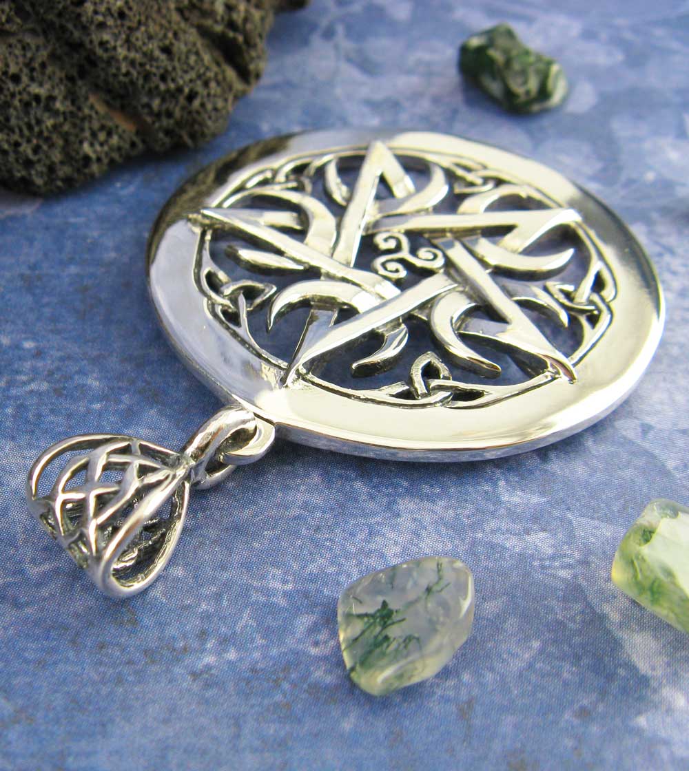 Large 1.5" Five Crescent Moons Celtic Pentacle Pendant, Engravable, Handmade | Handmade > Silver | Wiccan Center