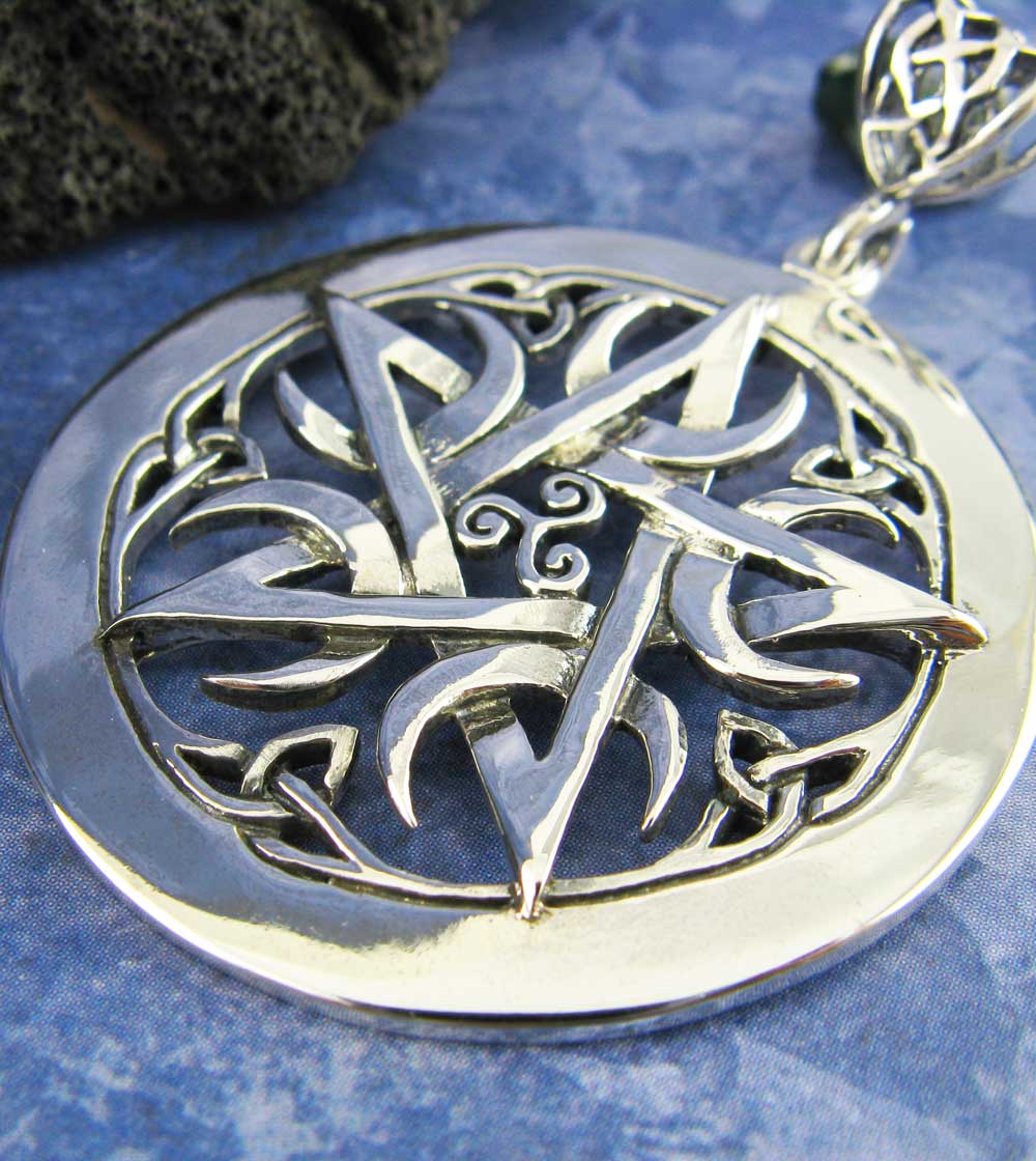 Large 1.5" Five Crescent Moons Celtic Pentacle Pendant, Engravable, Handmade | Handmade > Silver | Wiccan Center
