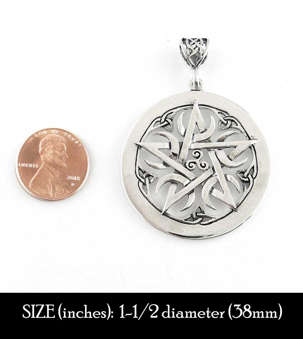 Large 1.5" Five Crescent Moons Celtic Pentacle Pendant, Engravable, Handmade | Handmade > Silver | Wiccan Center