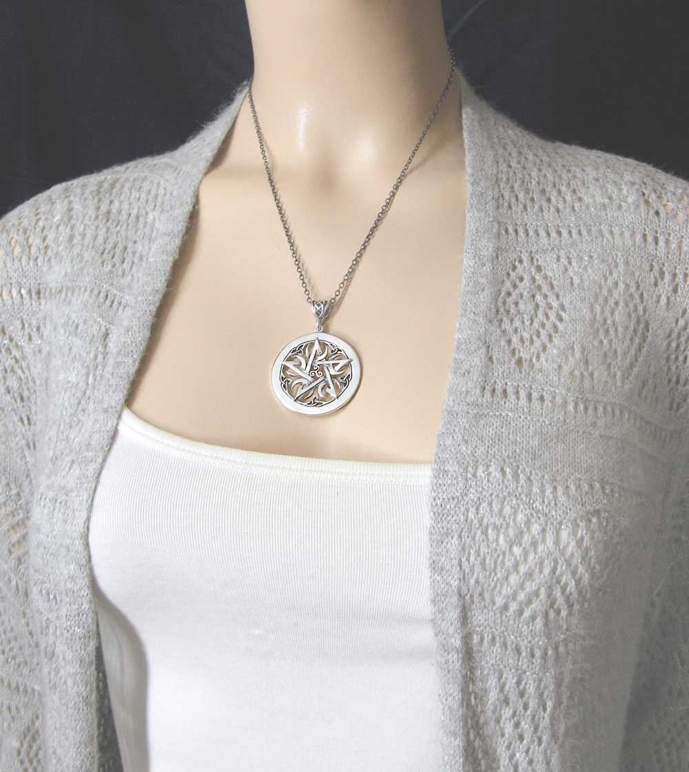 Large 1.5" Five Crescent Moons Celtic Pentacle Pendant, Engravable, Handmade | Handmade > Silver | Wiccan Center