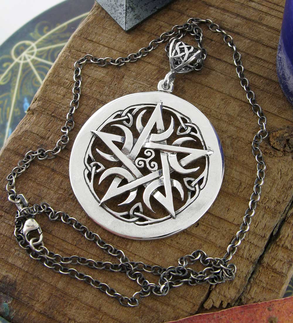 Large 1.5" Five Crescent Moons Celtic Pentacle Pendant, Engravable, Handmade | Handmade > Silver | Wiccan Center