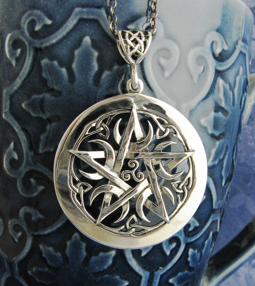 Large 1.5" Five Crescent Moons Celtic Pentacle Pendant, Engravable, Handmade | Handmade > Silver | Wiccan Center