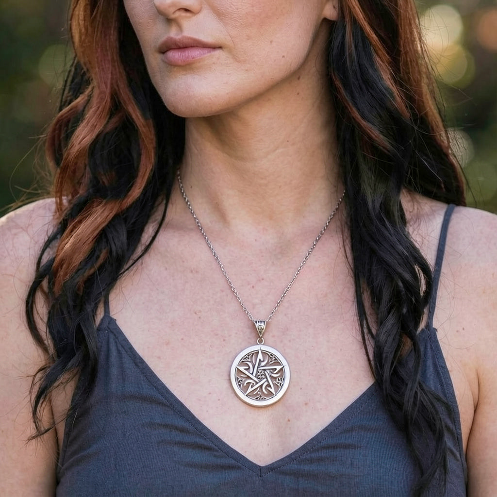 Large 1.5" Five Crescent Moons Celtic Pentacle Pendant, Engravable, Handmade | Handmade > Silver | Wiccan Center