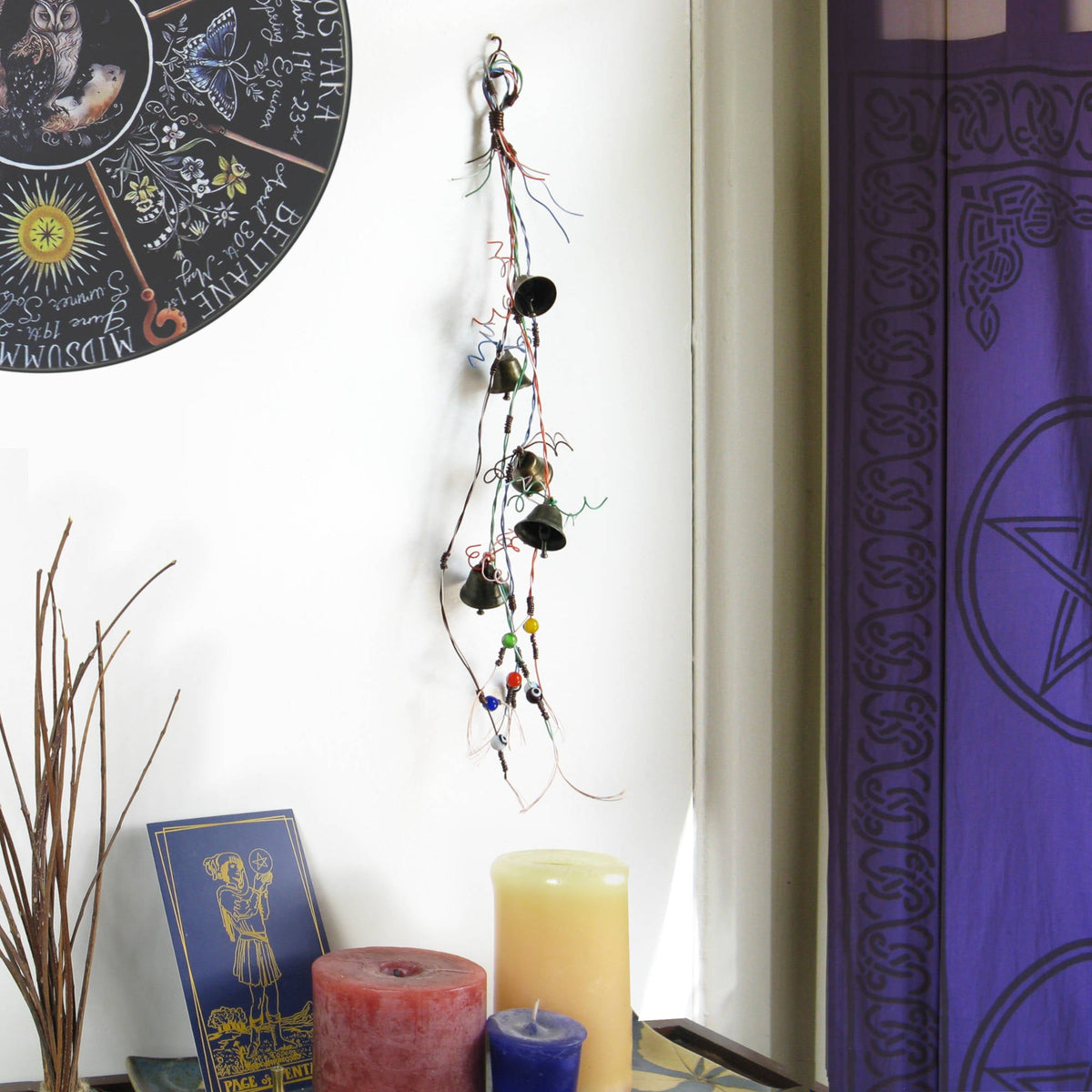 Witch's Bell w/ Upcycled Multi-color Telephone Wire & Evil Eye Beads - Handcrafted | Decorative Bells | Wiccan Center
