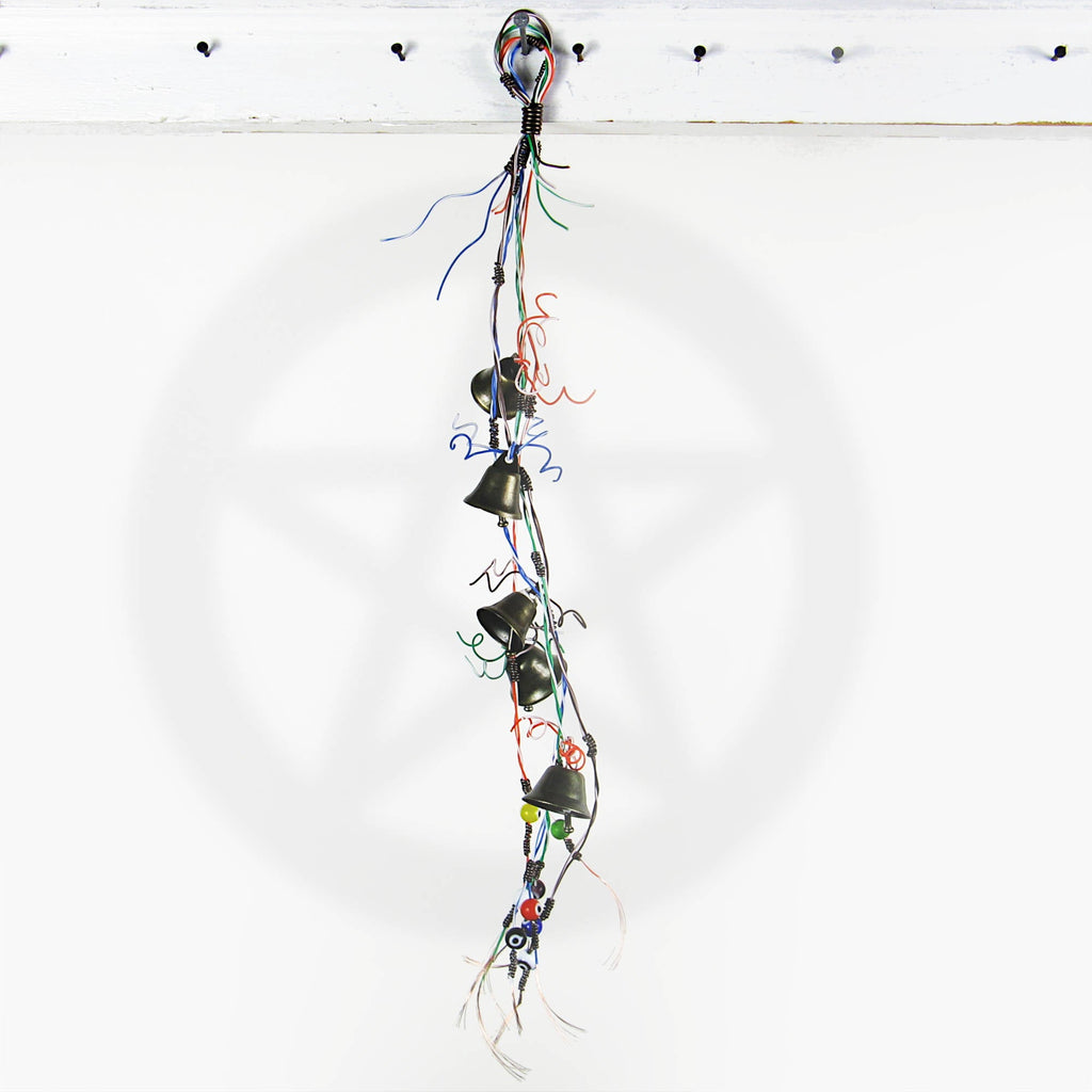 Witch's Bell w/ Upcycled Multi-color Telephone Wire & Evil Eye Beads - Handcrafted | Decorative Bells | Wiccan Center
