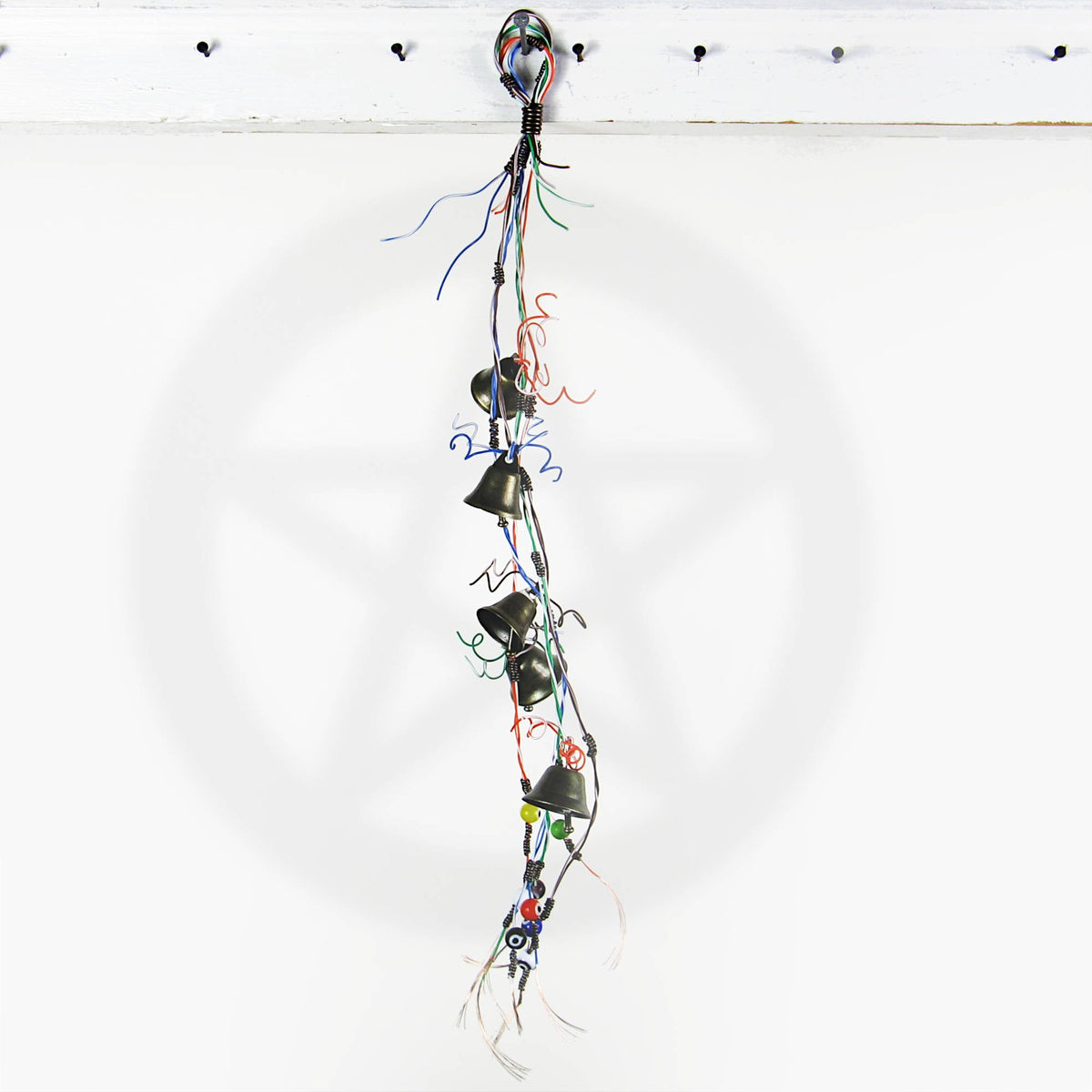 Witch's Bell w/ Upcycled Multi-color Telephone Wire & Evil Eye Beads - Handcrafted | Decorative Bells | Wiccan Center