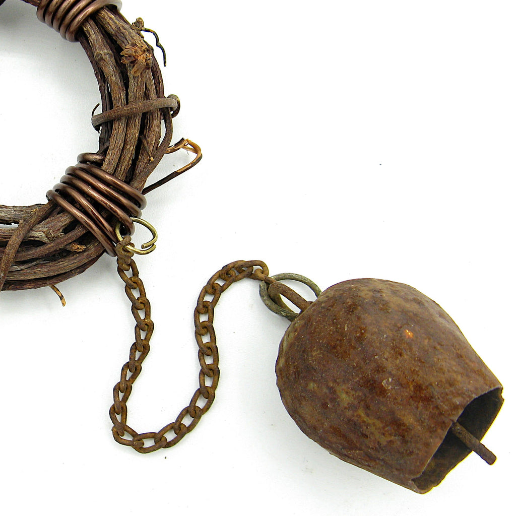 Rusty Witch's Bell and Chain on Wreath - Handcrafted | Decorative Bells | Wiccan Center