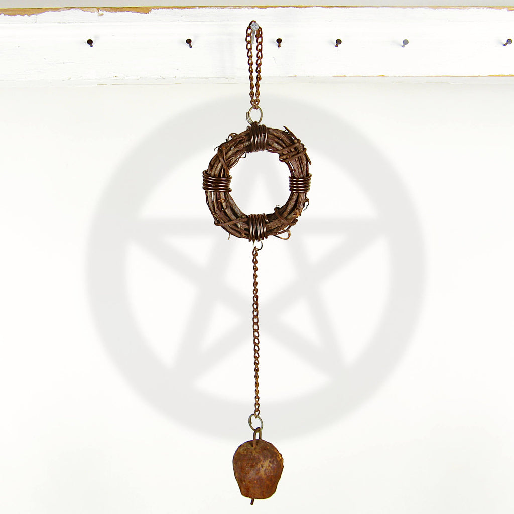 Rusty Witch's Bell and Chain on Wreath - Handcrafted | Decorative Bells | Wiccan Center